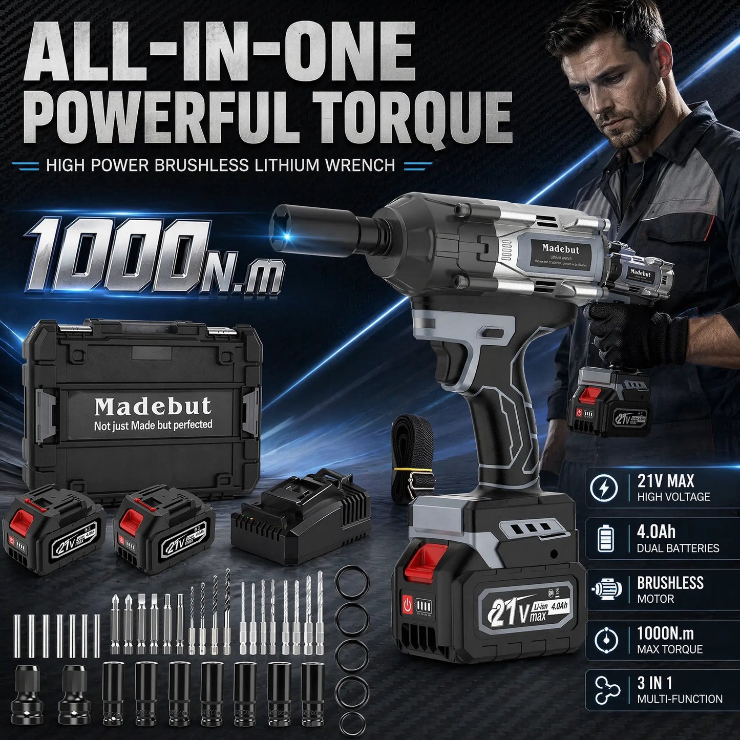 🔥2026 HOT SALE⏰️1000N.m Cordless Impact Wrench, All-Metal Cordless Impact Gun with 2*4.0Mah
