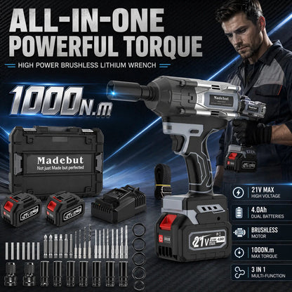 🔥2026 HOT SALE⏰️1000N.m Cordless Impact Wrench, All-Metal Cordless Impact Gun with 2*4.0Mah