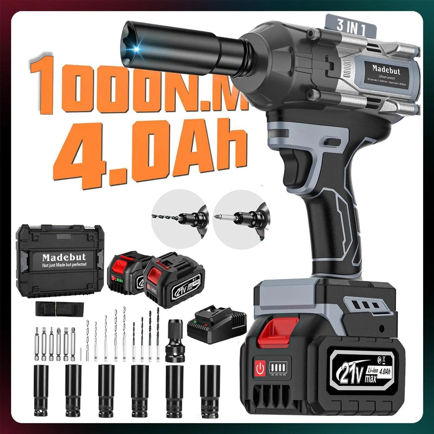 🔥2026 HOT SALE⏰️1000N.m Cordless Impact Wrench, All-Metal Cordless Impact Gun with 2*4.0Mah