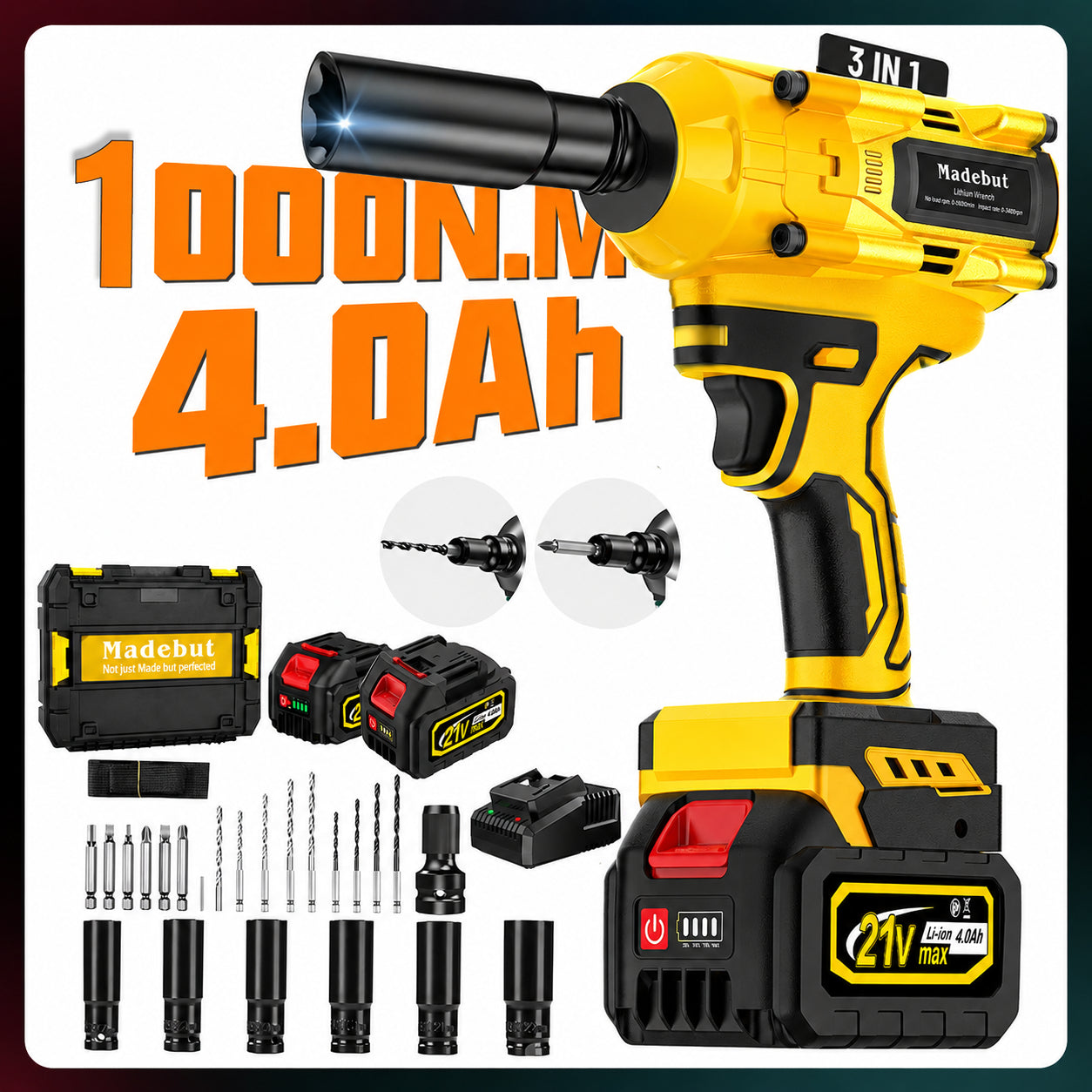 🔥2026 HOT SALE⏰️1000N.m Cordless Impact Wrench, All-Metal Cordless Impact Gun with 2*4.0Mah