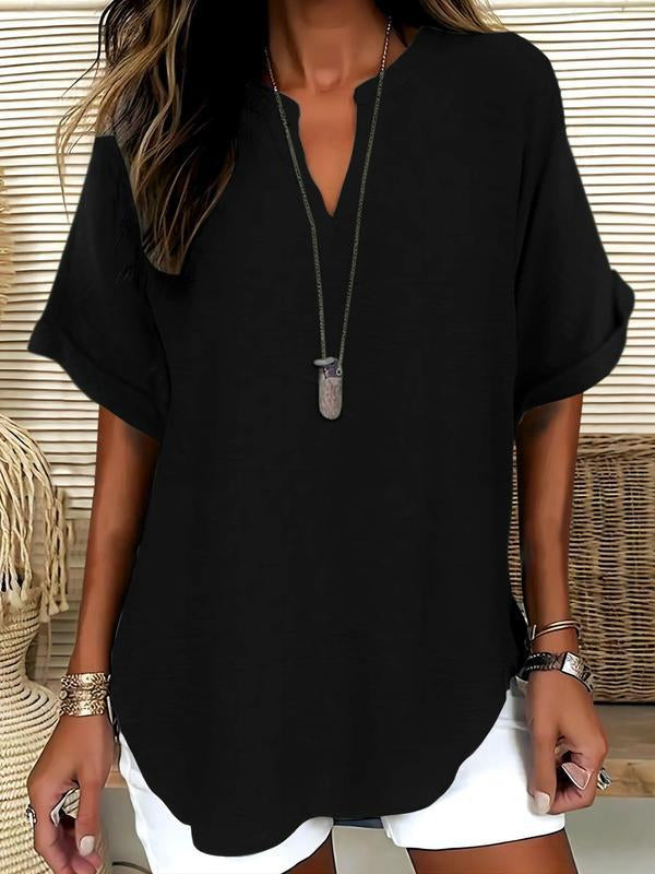 Women's Plain ShortSleeve Blouse, CasualSolid Color Top for DailyWear, Ladies Clothes forAll Seasons